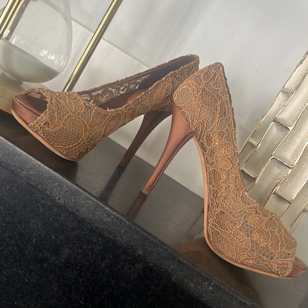 Dolce & Gabbana Copper floral Iace platform satin heels